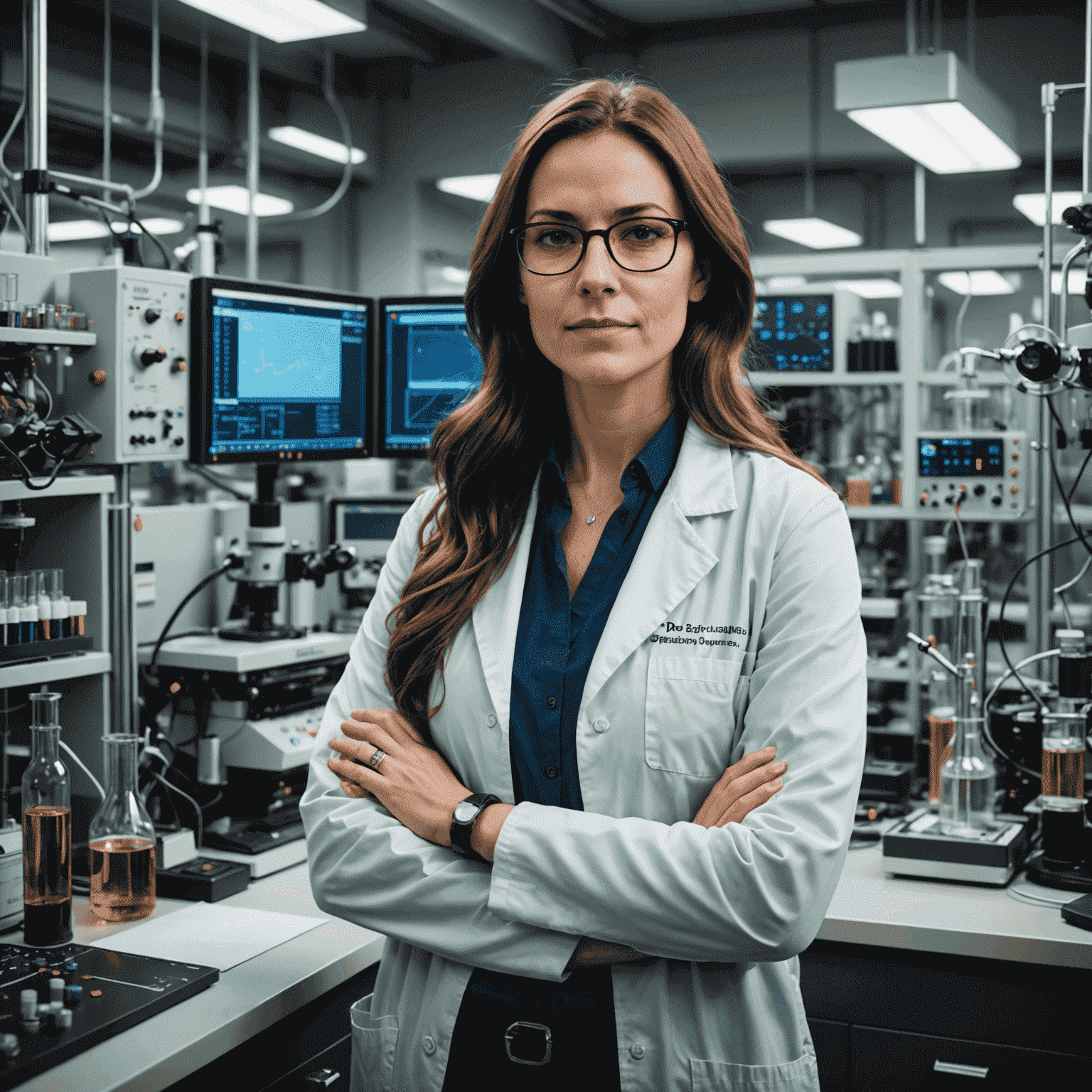 Dr. Emily Greenfield, Environmental Scientist with long brown hair and glasses, standing in a laboratory setting surrounded by scientific equipment