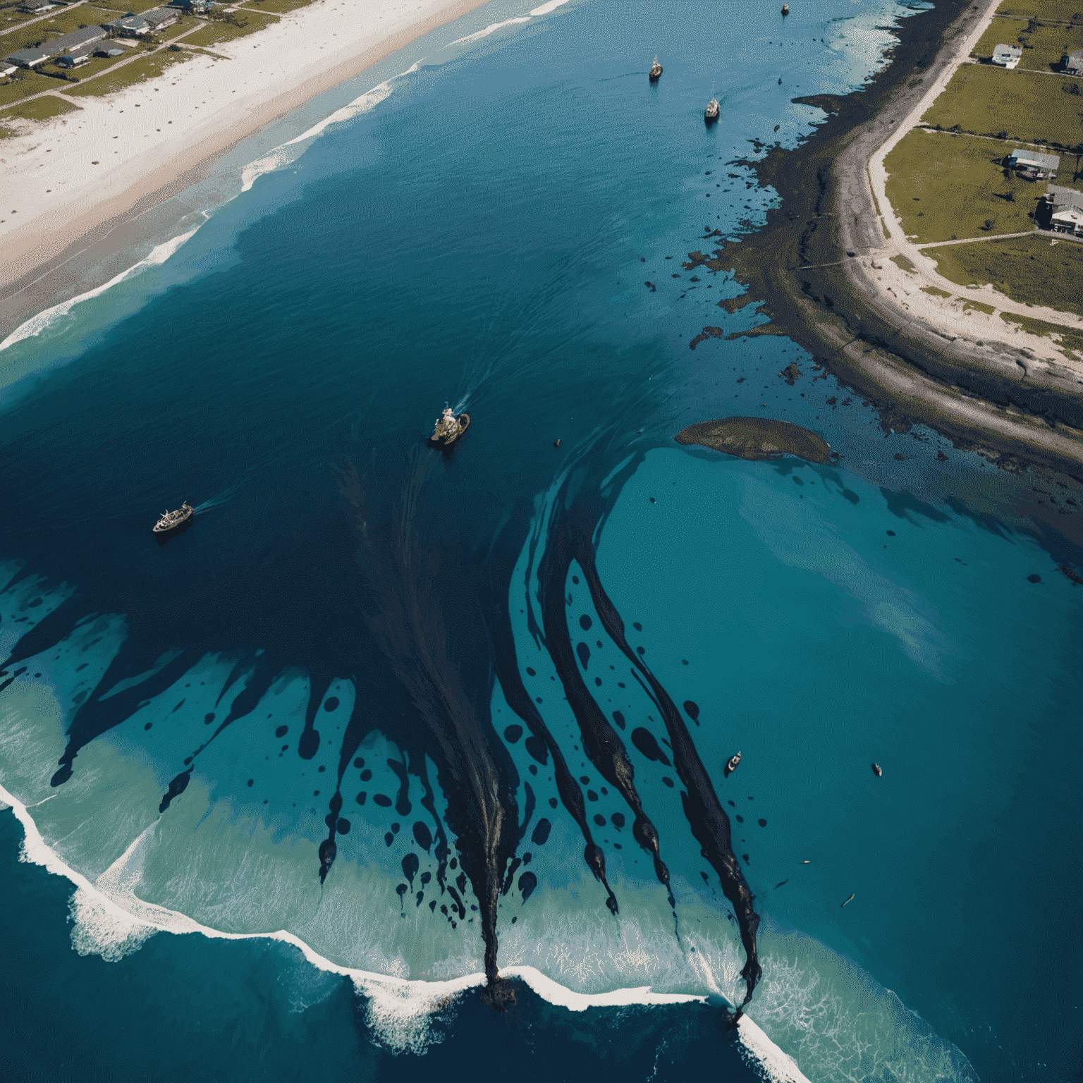 Aerial view of a massive oil spill in the ocean, with dark tendrils of crude oil spreading across the blue water surface. In the foreground, oil-covered seabirds struggle on a polluted beach.