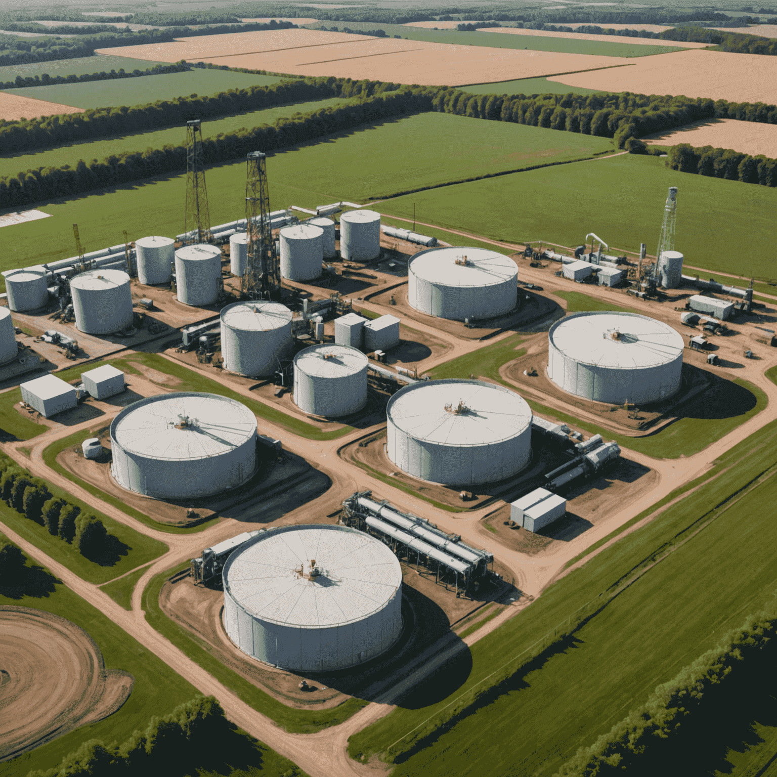 Aerial view of a fracking site with multiple well pads and storage tanks, surrounded by rural landscape