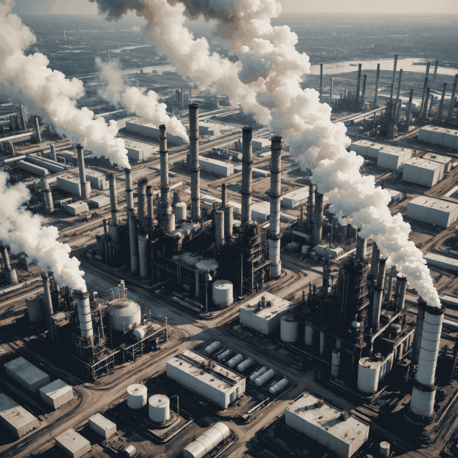 Aerial view of an oil refinery with multiple smokestacks emitting pollutants into the atmosphere, showcasing the scale of industrial emissions