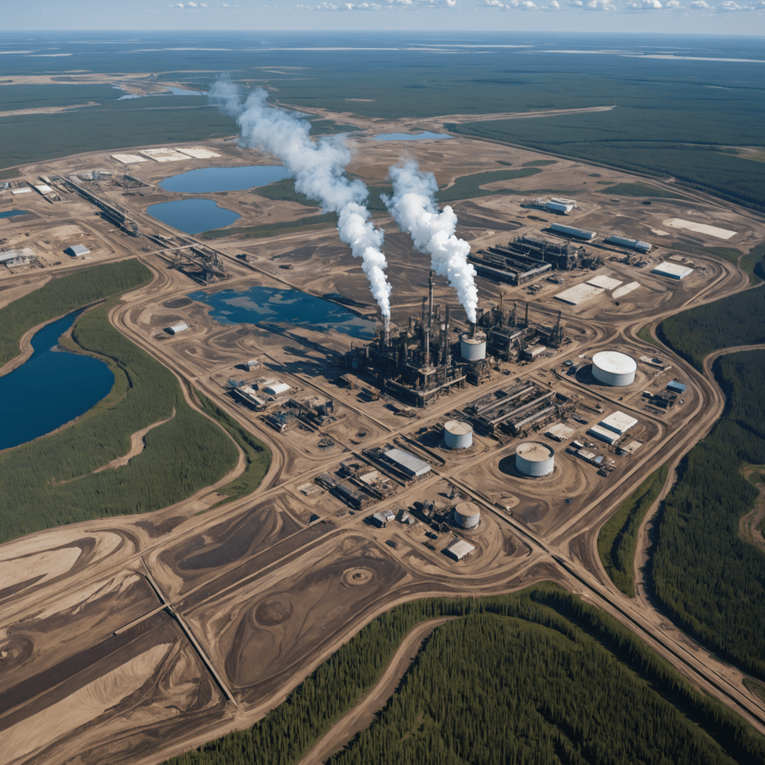 Aerial view of vast oil sands extraction site in Alberta, Canada, showing large-scale environmental devastation with open pit mines, tailings ponds, and industrial infrastructure contrasting with surrounding boreal forest