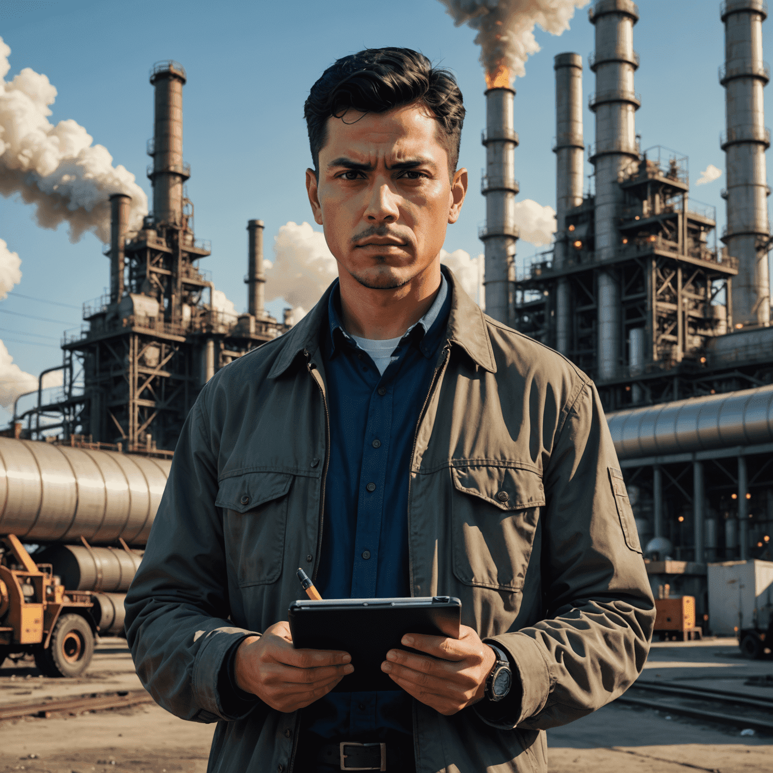 Marcus Rivera, Investigative Journalist with short black hair and a determined expression, holding a notepad and pen while standing in front of an oil refinery