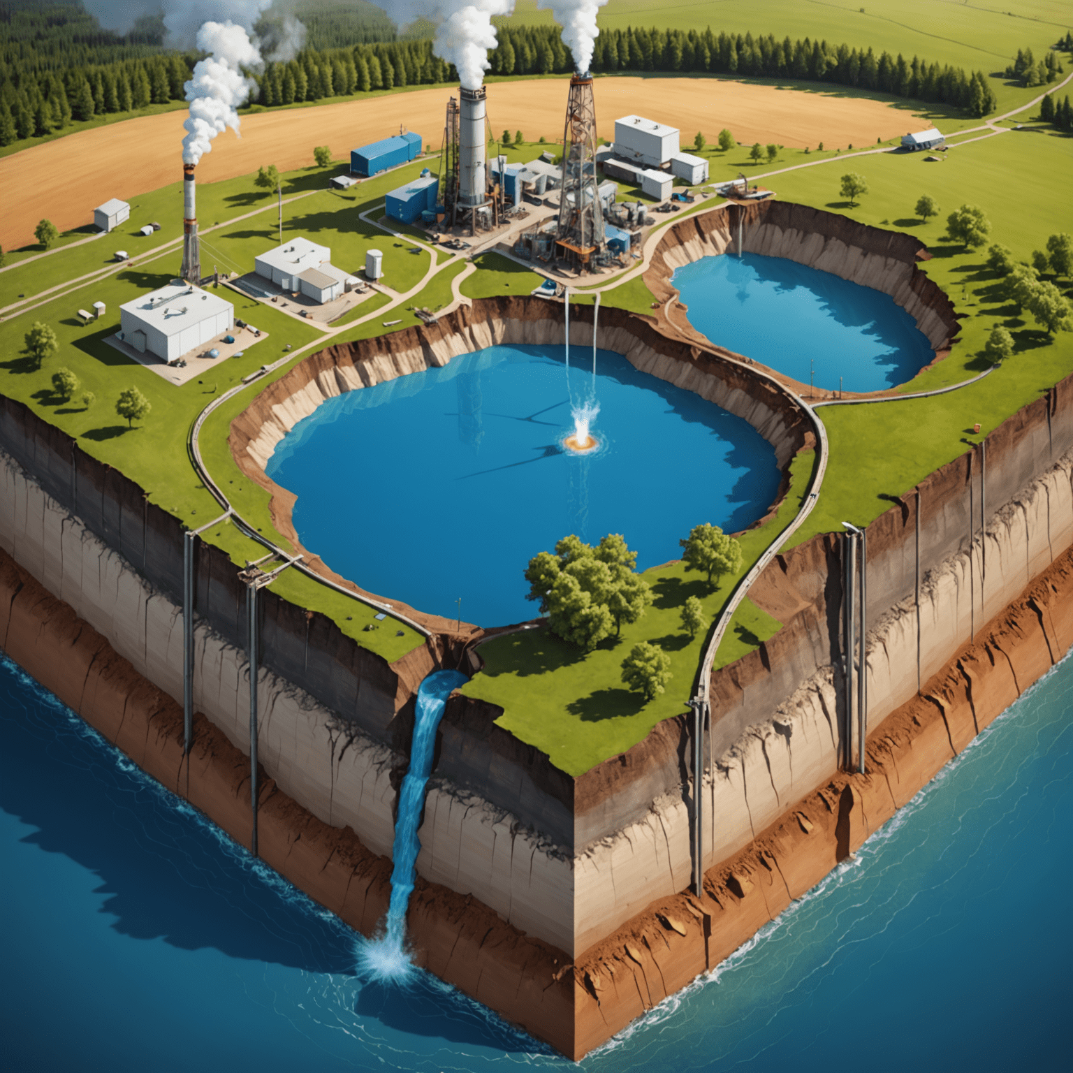 Split earth showing fracking process, with concerns about water contamination illustrated