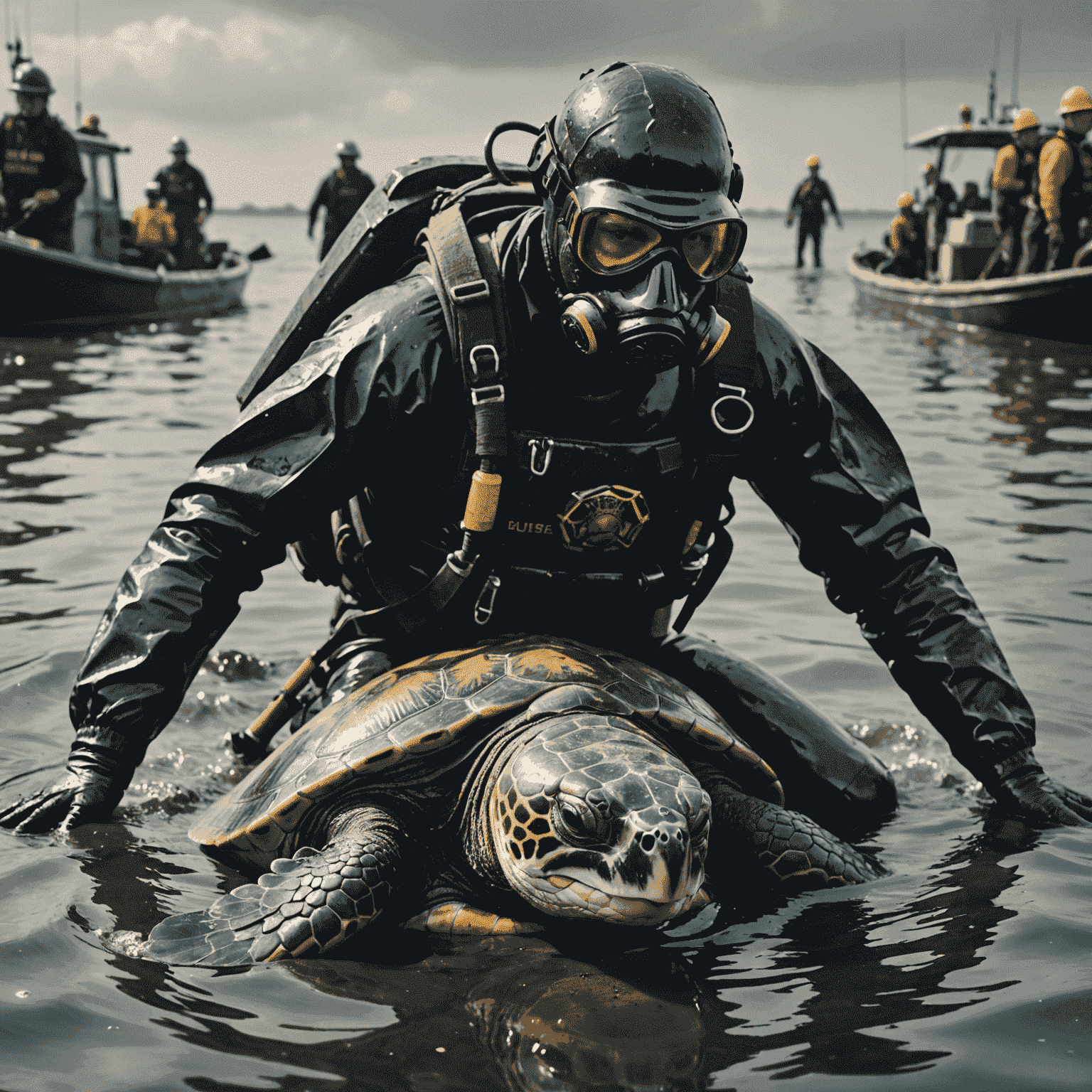 A sea turtle covered in thick, black oil struggling to swim in polluted waters. The background shows a team of environmental workers in protective gear attempting a rescue operation.