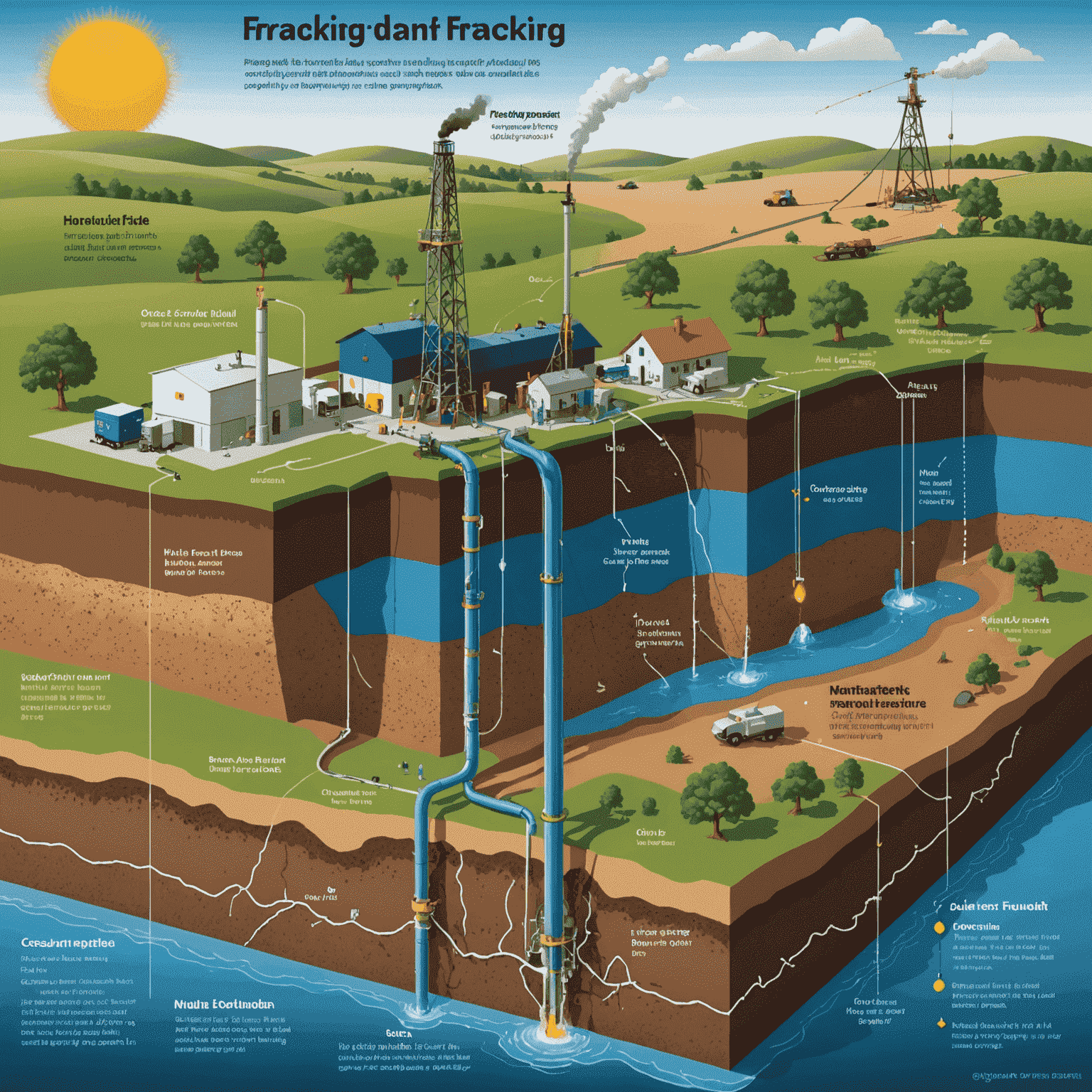 Diagram showing the fracking process and its potential impact on groundwater aquifers