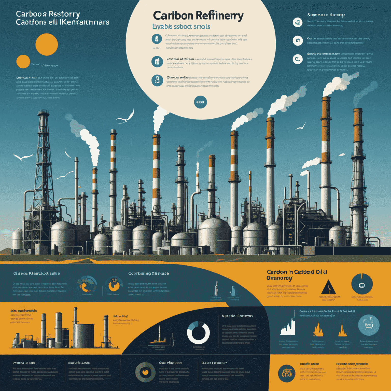 Infographic showing the carbon footprint comparison between a typical oil refinery and renewable energy sources, with stark contrasts in emissions levels