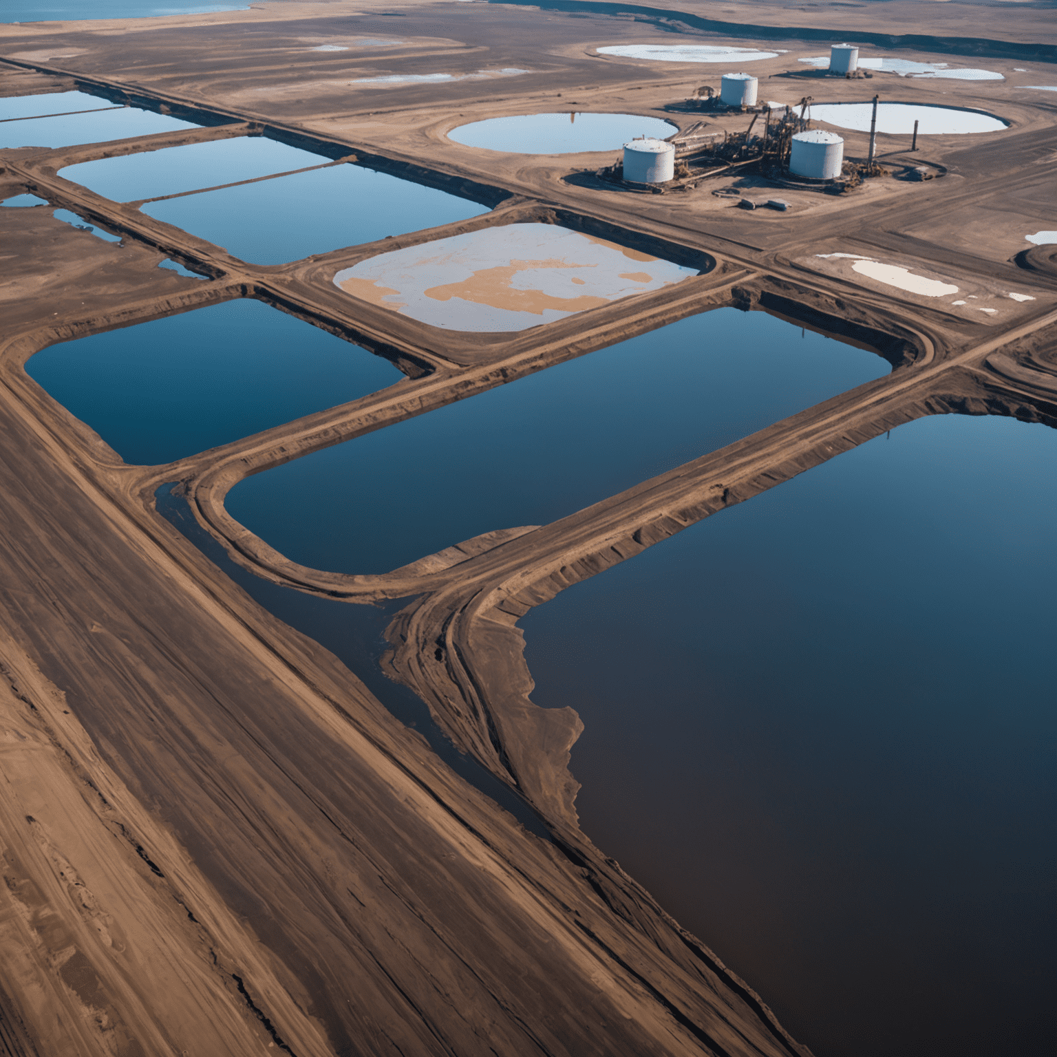 Close-up of an oil sands tailings pond, showing oily sheen on water surface and barren shoreline, with industrial equipment in the background