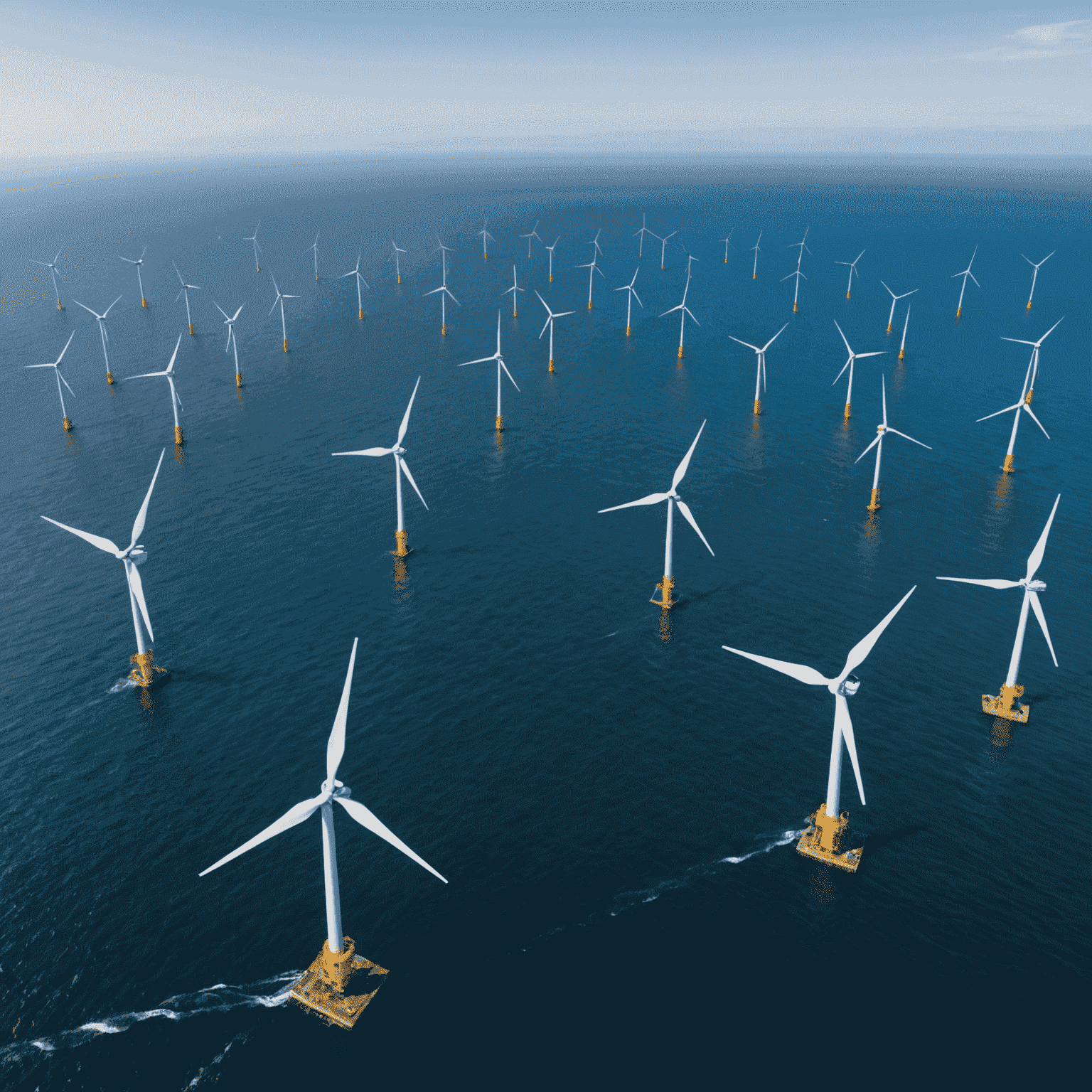 Aerial view of an offshore wind farm with dozens of turbines in the ocean