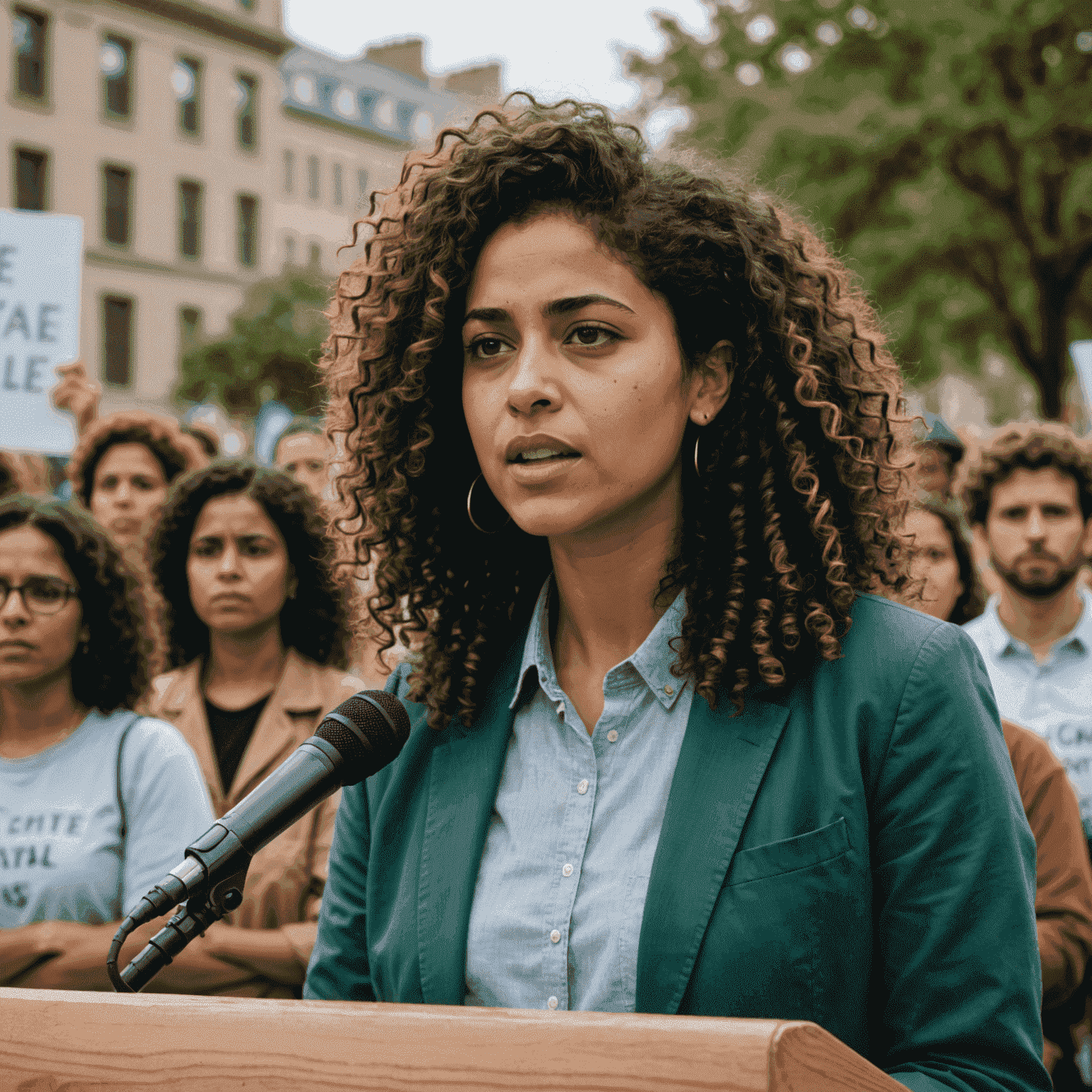 Aisha Patel, Environmental Activist with curly hair and a passionate expression, speaking at a podium during a climate change rally