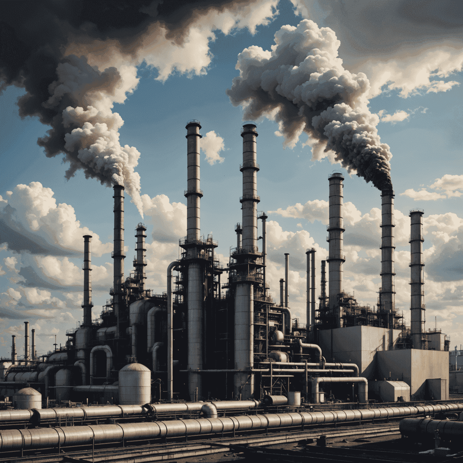 Oil refinery with smoke stacks emitting pollution against a cloudy sky