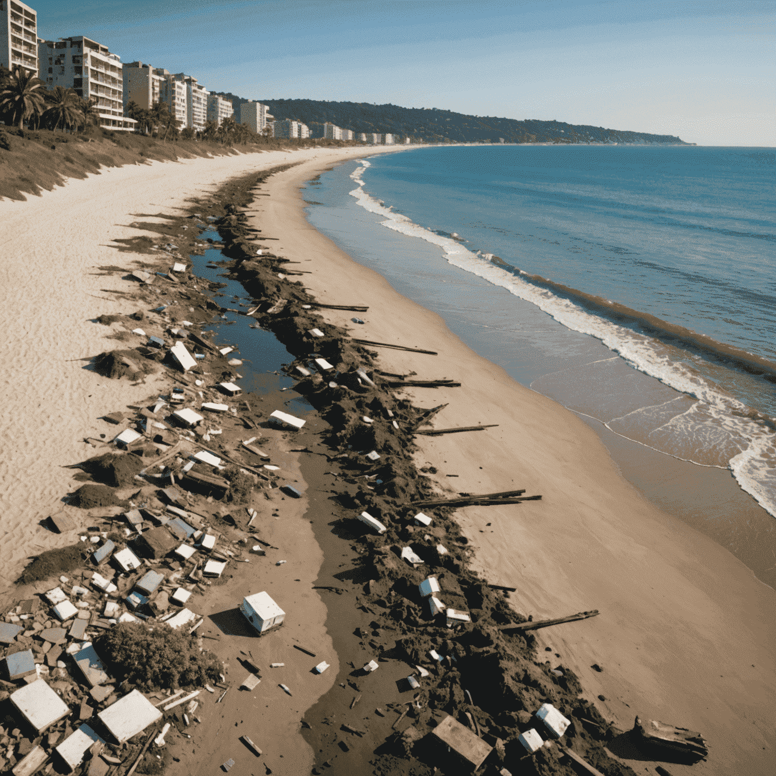 A split image showing a polluted coastline on one side and a restored, clean beach on the other. The contrast highlights the potential for recovery with proper environmental management.