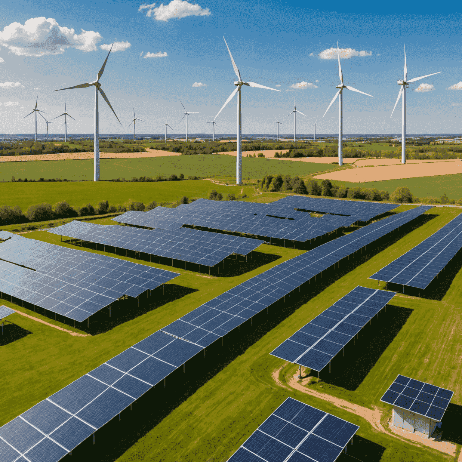 Split image showing solar panels and wind turbines on top, fracking operation on bottom, symbolizing the energy transition