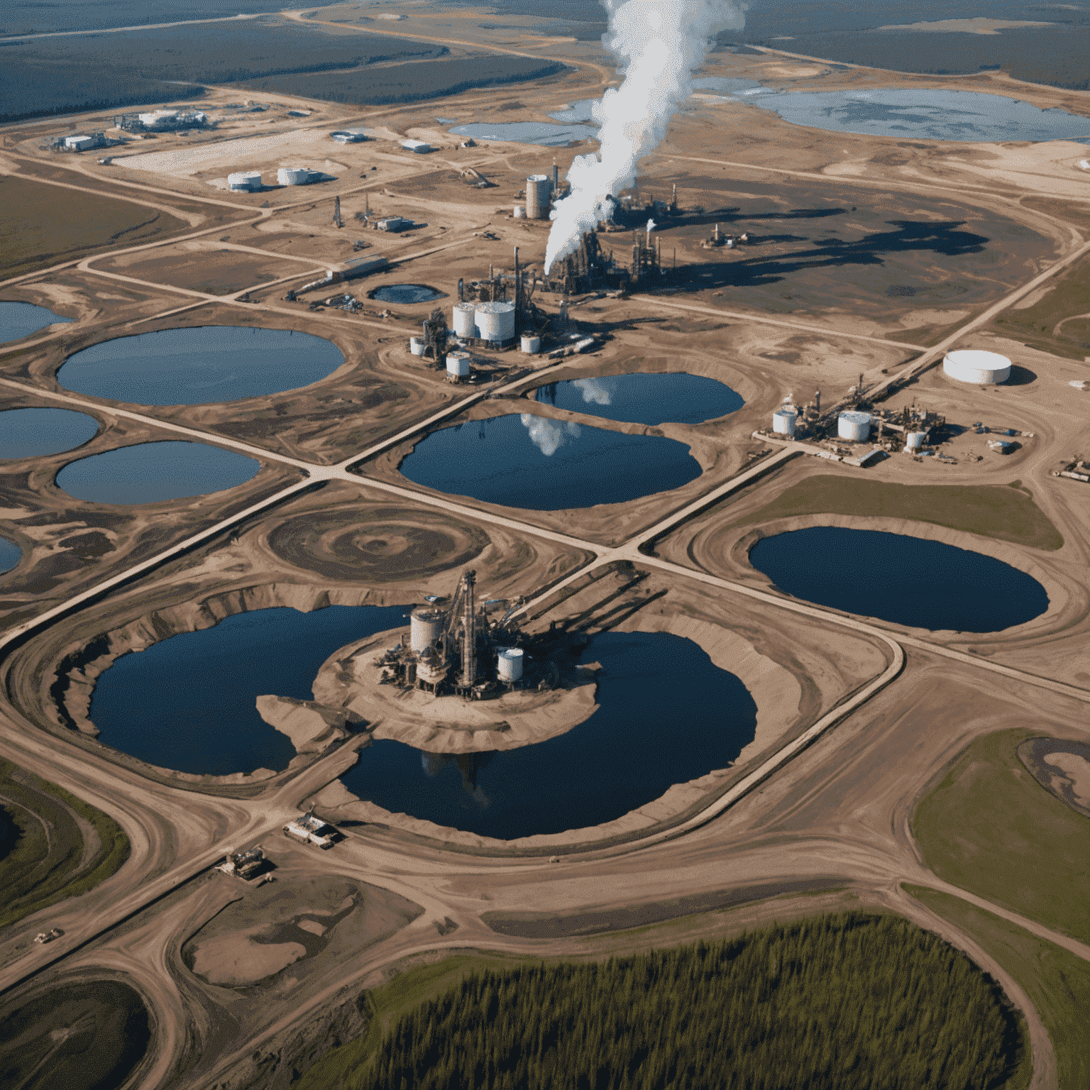 Aerial view of oil sands extraction site, showing environmental destruction and waste ponds